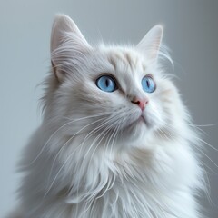 Fluffy white cat sitting on an isolated light grey background, looking directly at the camera with vivid blue eyes, ample space for text