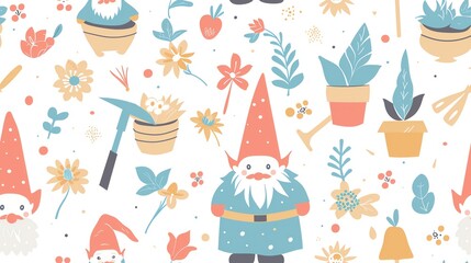 Pastel colors seamless pattern with cute gardening gnomes, potted plants, and garden tools, creating a gentle and inviting style