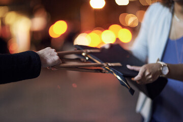 Thief, handbag and hands in city with crime, force and stealing from woman on street. Person, purse...