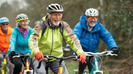 Obraz premium group of retired elderly people cycling outdoors in bright safety gear