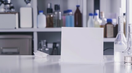 Fototapeta premium A blank card on a scientist's lab table with equipment and chemical bottles, providing a professional and scientific backdrop for educational or research-related messages.