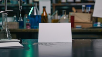 A blank card on a scientist's lab table with equipment and chemical bottles, providing a professional and scientific backdrop for educational or research-related messages.