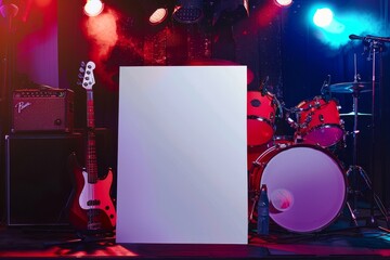 A blank card on a festival stage with instruments and stage lights, suitable for music or event promotions with an energetic and vibrant atmosphere.