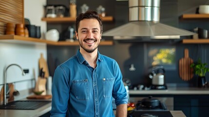 happy man in blue shirt standing in modern kitchen smiling male portrait domestic lifestyle photo