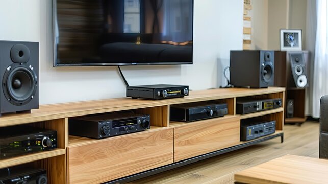 Stateoftheart home entertainment system in a contemporary family room, with a TV mounted on the wall, audio system, and wooden stand