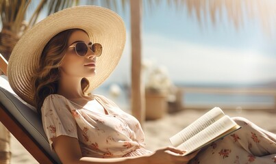 Woman reading a book while sunbathing on the beach focus on relaxation, ethereal, double exposure, serene beach backdrop