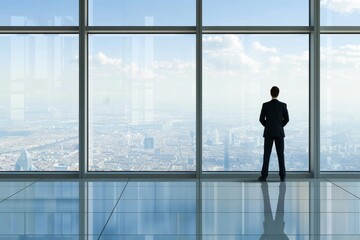 Fototapeta premium A businessman in a formal suit standing in front of a large glass window, with a cityscape view and ample space for copy space on the right side.