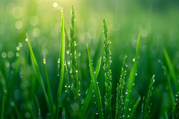 Obraz premium Early Morning Dew on Vibrant Green Rice Stalks in a Paddy Field