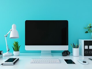 A professional workspace with a desktop computer, a phone, and office supplies neatly arranged, with a significant amount of blank space above for text.