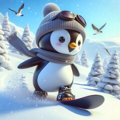 Pinguin auf einem  Snowboard