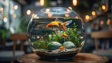 A small home aquarium on a table with several colorful fish and decorative elements such as stones and plants