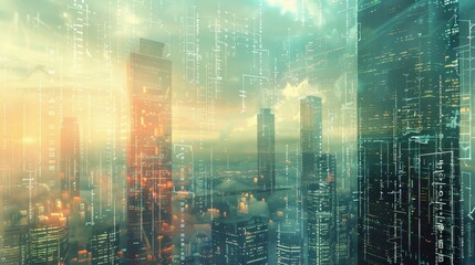 A futuristic cityscape with skyscrapers morphing into digital pixels generated by AI