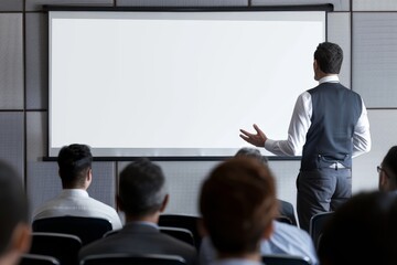 A businessman presenting to a team with a blank projector screen behind him, perfect for inserting custom content.