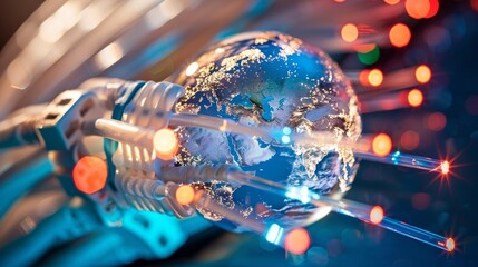 A globe wrapped in fiber optic cables, symbolizing the global connectivity enabled generated by AI