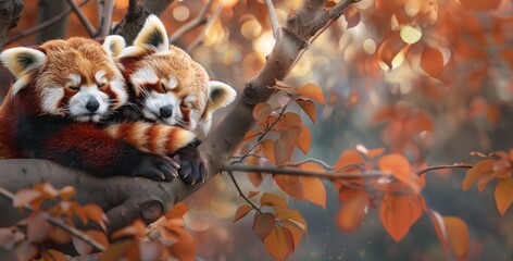 red pandas sleeping cuddled up together on a tree, banner with copy space - Powered by Adobe