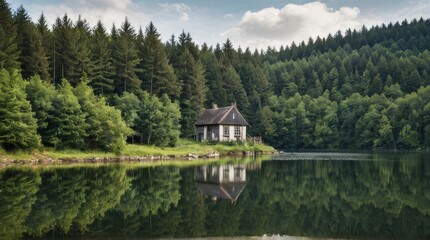 Fototapeta premium Cabin on a Tranquil Lake Surrounded by Lush Forest