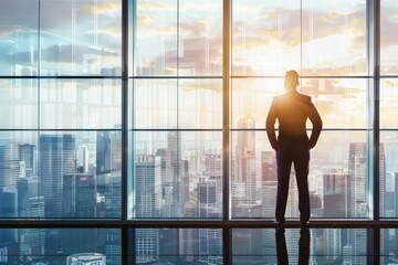 Fototapeta premium A businessman in a formal suit standing in front of a large glass window, with a cityscape view and ample space for copy space on the right side.