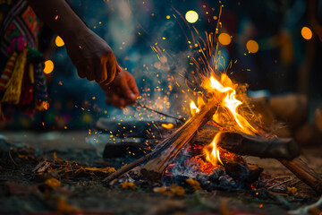 Person tending a bonfire, with blurred festival lights in the background. Holiday and festive theme. Image for Festa Junina banner with copy space.
