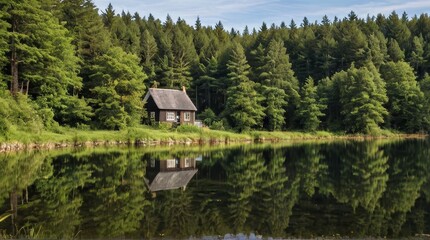 Fototapeta premium Tranquil Cabin by the Lake