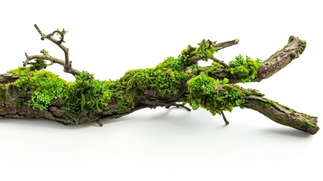 intricate mosscovered tree branch isolated on white background nature photography