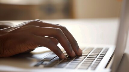 A close-up of hands typing on a laptop, with a blank area to the left for copy space.