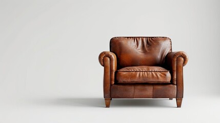 isolated brown leather armchair on crisp white studio background high contrast product photography