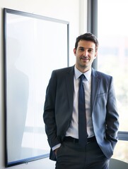 Fototapeta premium A businessman in a conference room with a blank whiteboard behind him, ideal for inserting custom graphics or text.
