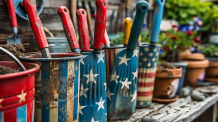 Colorful garden tools with American flag design, used trowels and containers in vibrant outdoor setting, gardening theme.