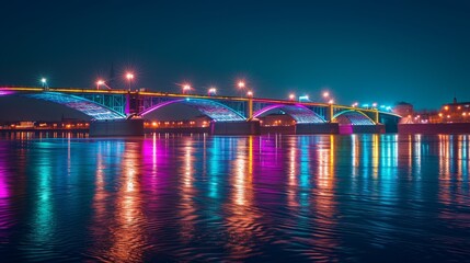 A bridge spanning across a river, illuminated by the vibrant colors of city lights at night