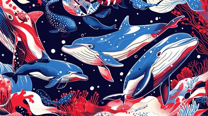Colorful underwater illustration featuring whales and dolphins swimming among coral and marine life.