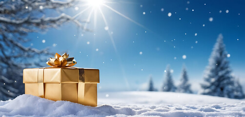 A golden gift box and bauble sparkle in the snow under a bright sun and gently falling snowflakes. Perfect for holiday cards, winter promotions, and festive designs.