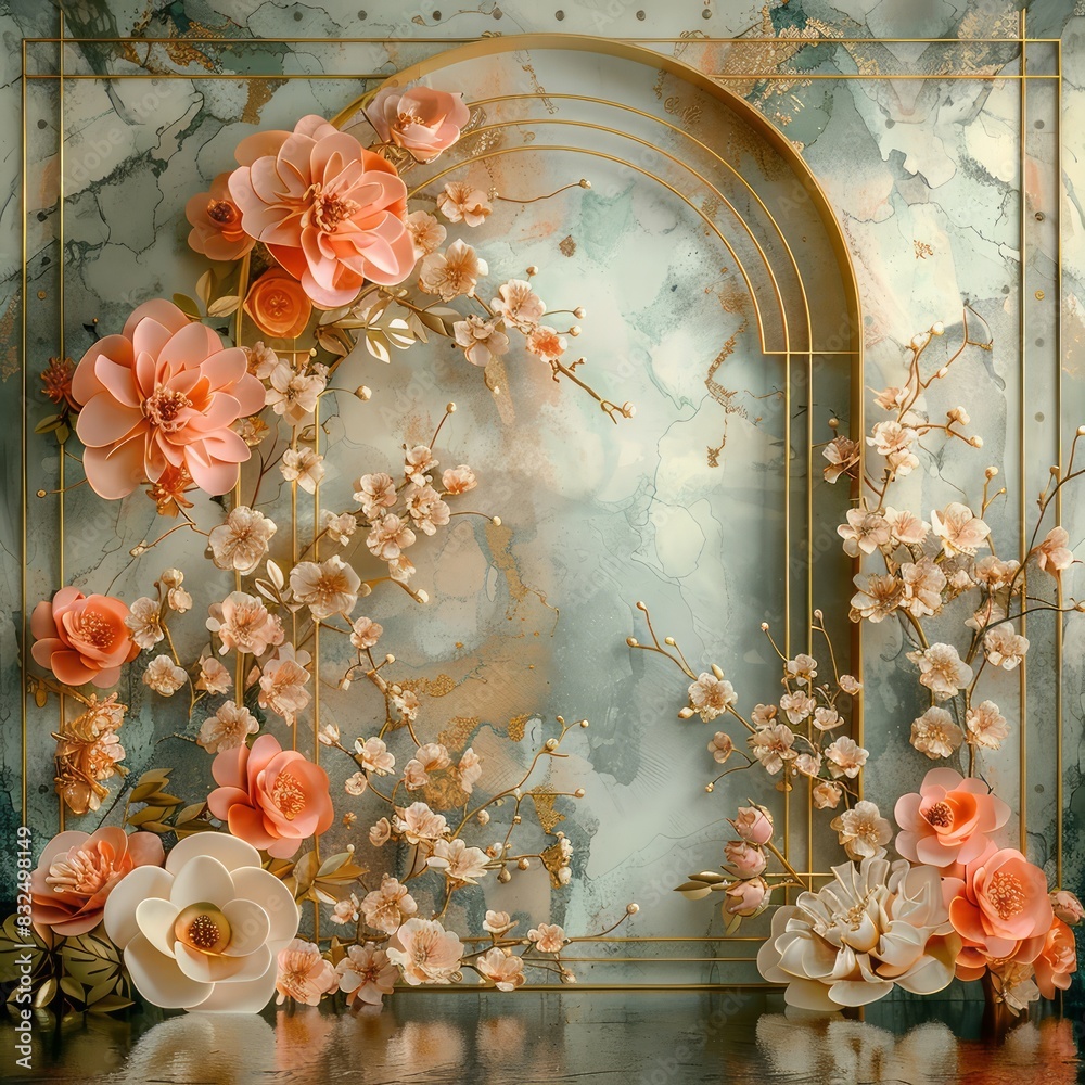 Poster a gold frame with a floral design is surrounded by a blue background