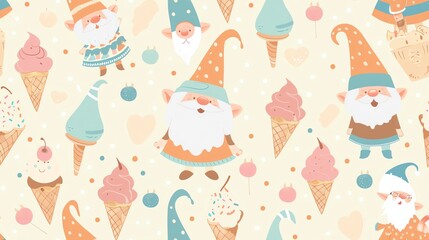 Pastel colors seamless pattern with gnomes surrounded by ice cream scoops and cones, for a gentle and inviting style
