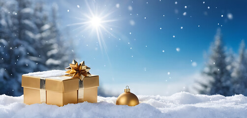 A golden gift box and bauble sparkle in the snow under a bright sun and gently falling snowflakes. Perfect for holiday cards, winter promotions, and festive designs.