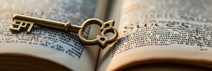 Old fashioned key with the inscription Success lying on top of a stack of business plans and documents