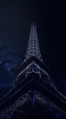 Night view of the Eiffel Tower in digital art style, showcasing intricate details and glowing in neon blue against a dark sky