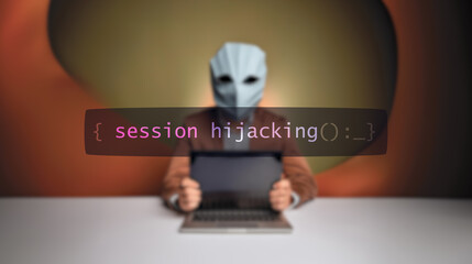 Cybersecurity concept session hijacking on foreground screen, hacker silhouette hidden with low poly style mask. Vulnerability and attack on colored code editor. Text in English, English text