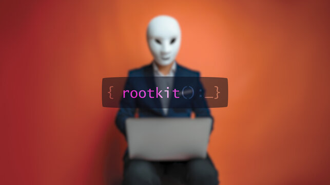 Cybersecurity concept rootkit on foreground screen, hacker silhouette hidden with low poly style mask. Vulnerability and attack on colored code editor. Text in English, English text