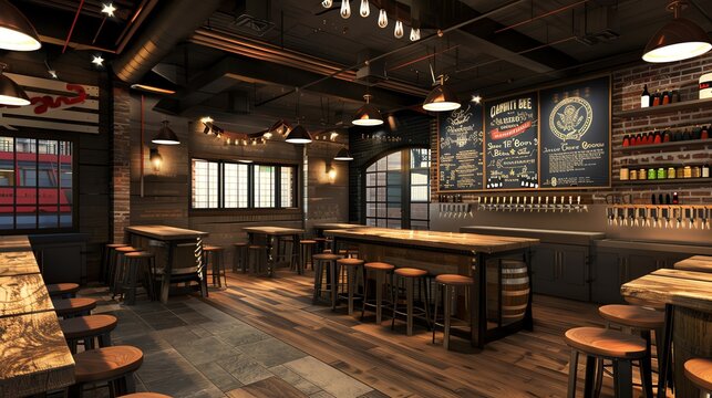 Cozy modern pub interior with wooden decor, bar stools, chalkboard menu, ambient lighting, and rustic charm. Perfect for social gatherings.
