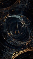 Abstract and futuristic interpretation of the Eiffel Tower surrounded by intricate steel patterns