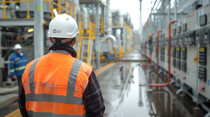 An energy worker in a hard hat and safety vest standing with their back to the camera, looking at a power plant with turbines and control panels,representing the energy sector and industrial operation