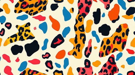 Seamless pattern of vibrant leopard print with colorful spots on a neutral background, combining classic and contemporary elements