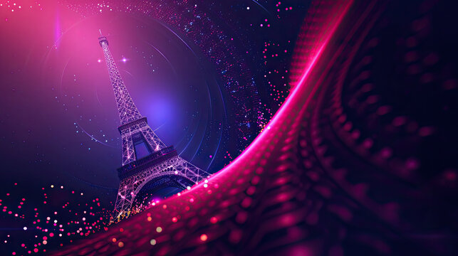 Eiffel Tower glowing in purple and pink lights with a surreal background filled with abstract light patterns