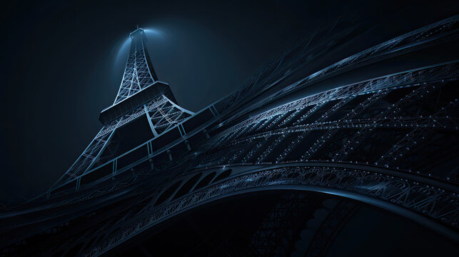Eiffel Tower illuminated with blue lights against a dark, wavy background
