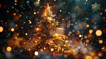 Fototapeta premium magical christmas tree with shining 3d star confetti and snowflakes on black background holiday digital art