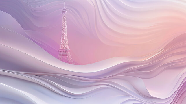 Eiffel Tower with abstract wave pattern background in soft purple and pink hues