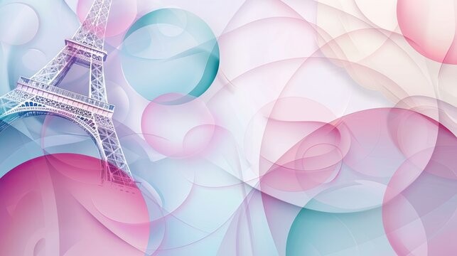 Eiffel Tower with pastel-colored abstract pattern background in soft pink and teal shades