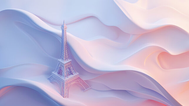 Eiffel Tower with abstract wave pattern background in soft blue and pink shades