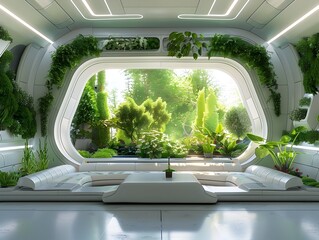 Futuristic Interior of Eco-Friendly Automated Space Capsule with Nature