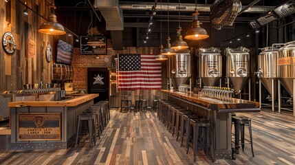 Obraz premium Craft brewery interior with brewing equipment, American flag, bar counter, lighting, and seating in industrial style setting.